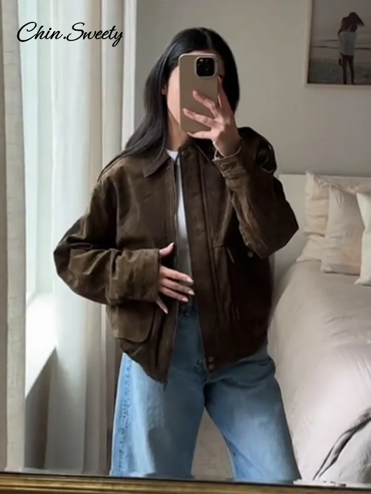 

Vintage Women's Brown Jacket Turn-down Collar Long Sleeve Zippers Big Pocket Thick Coat 2025 Spring Street Loose Lady Outwears
