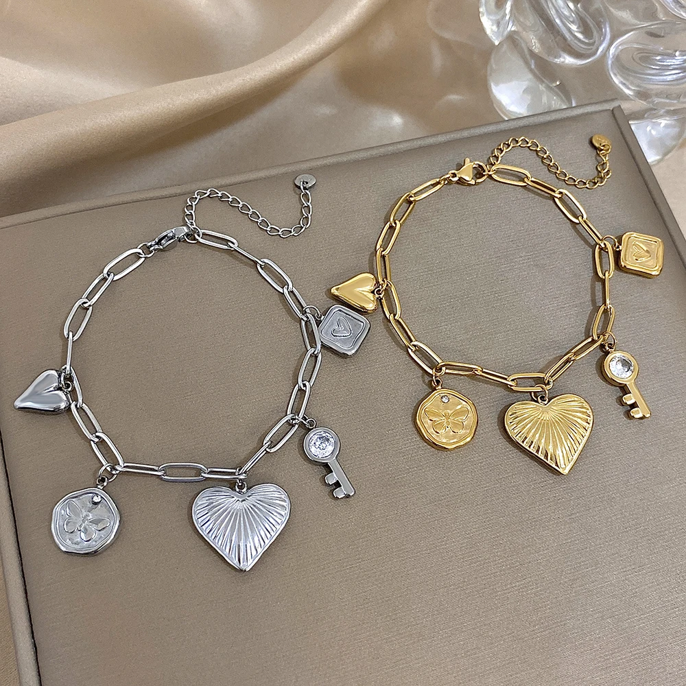 

Freetry Stainless Steel Butterfly Key Heart Pendant Bracelet for Women Waterproof Geometric Charm Bracelet Wristchain Jewelry