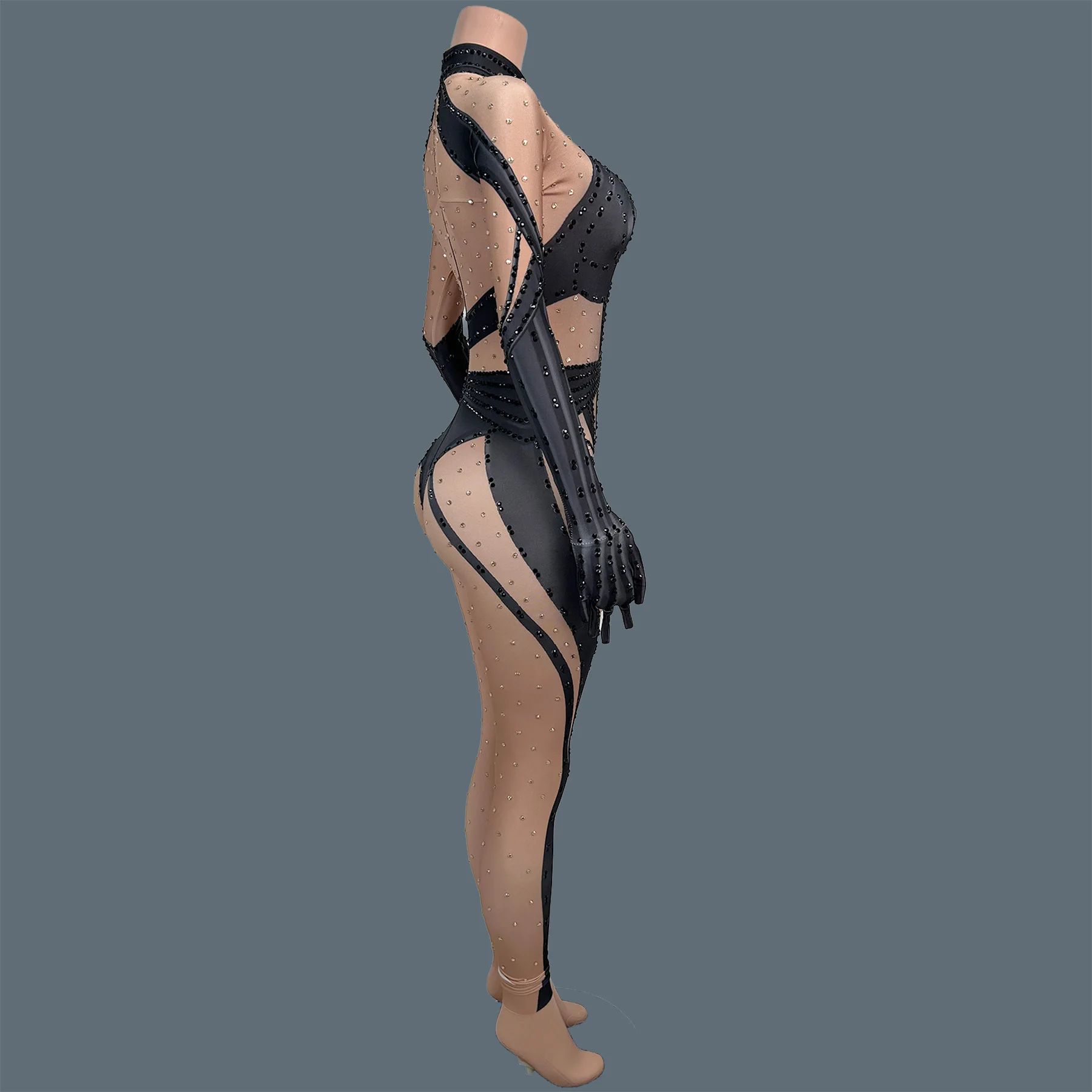 Black Spandex Elastic Tight Fitting Jumpsuit Long Sleeve Rhinestone Drag Queen Performer Wear Club Stage Dance Bodysuit Tiepi view 5