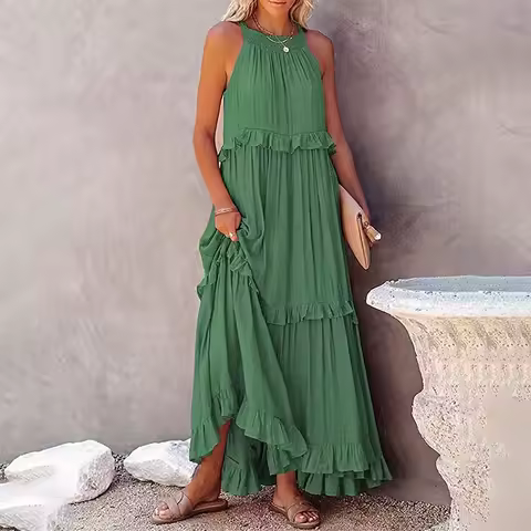 Women Casual Ruffles Long Dress 2026 Summer Elegant Sleeveless Sundress Elegant Harajuku Maxi Dress Beach Party Evening Vestido