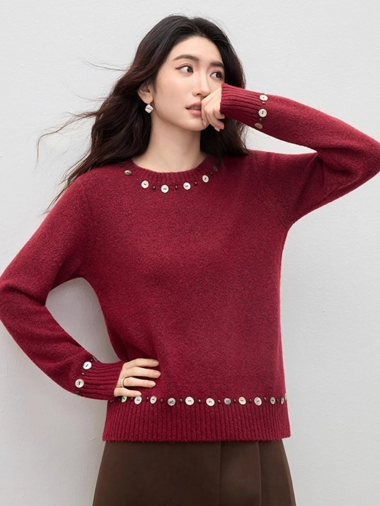 

SENTUBILA, простые пуловеры, свитера, осень-зима 2022, свитер с заниженными плечами и бисером, вязаные женские топы с длинными рукавами W54EE3858