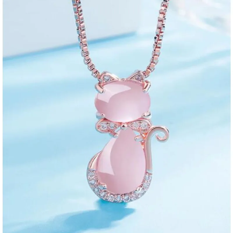 Fashion Rose Gold Crystal Synthetic Rose Quartz Powder Opal Necklace Cute Cat Ladies Birthday Party Jewelry Accessories