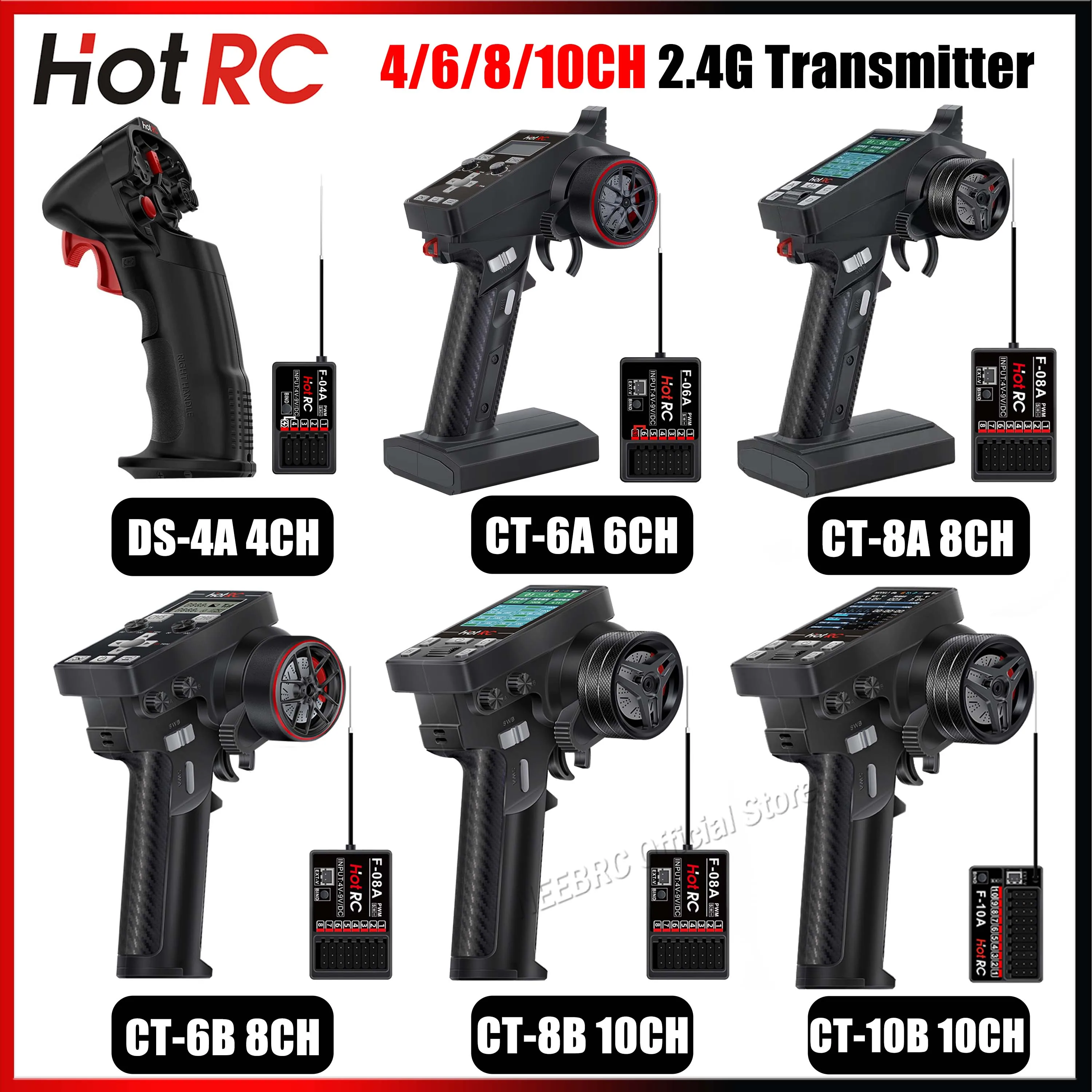 

HOTRC 4/6/8/10CH 2.4G Transmitter CT-6A DS-600 CT-8A CT-10B Radio System F-04A F-06A F-08A Receiver for RC Car Boat Aircraft