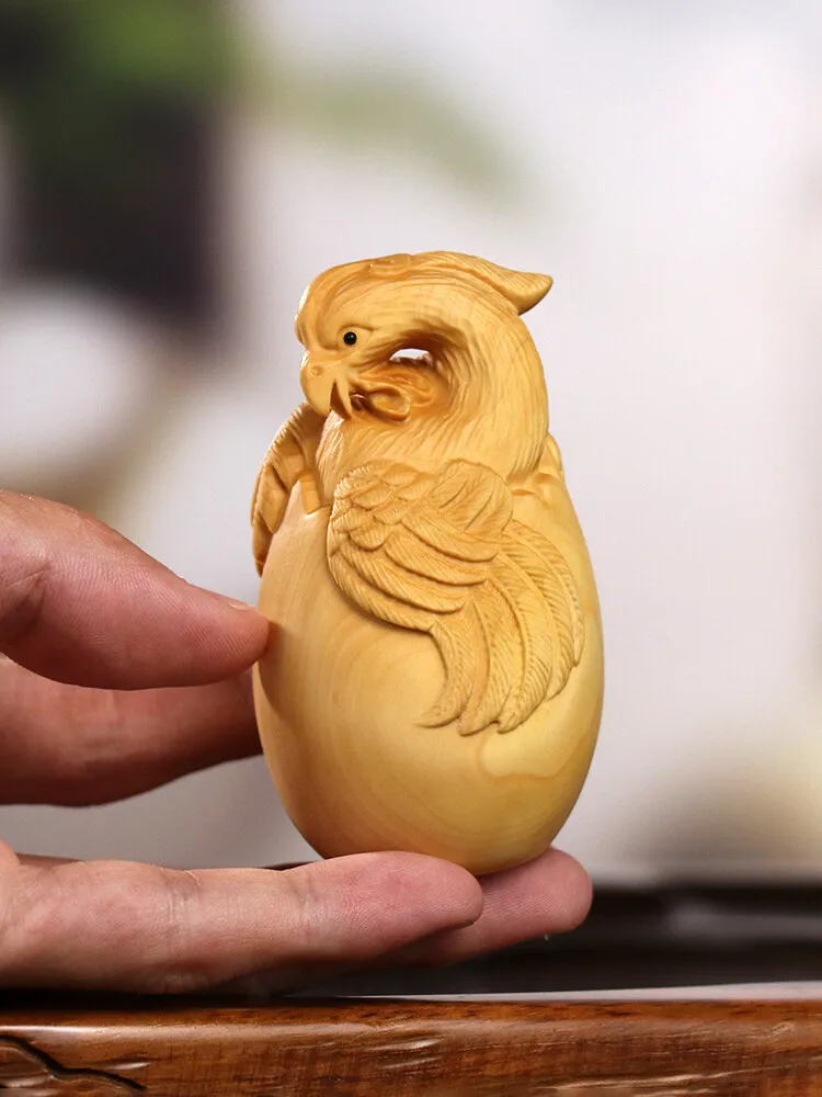 8*4.6*4.6 CM Hand Carved Boxwood Carving - Phoenix in Egg