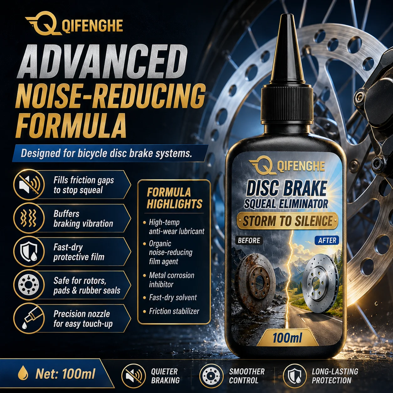 QIFENGHE Disc Brake Squeal Eliminator 100ml, Bike Brake Care Solution, Eliminate Squeak, Improve Control, Long-Lasting, Precisio