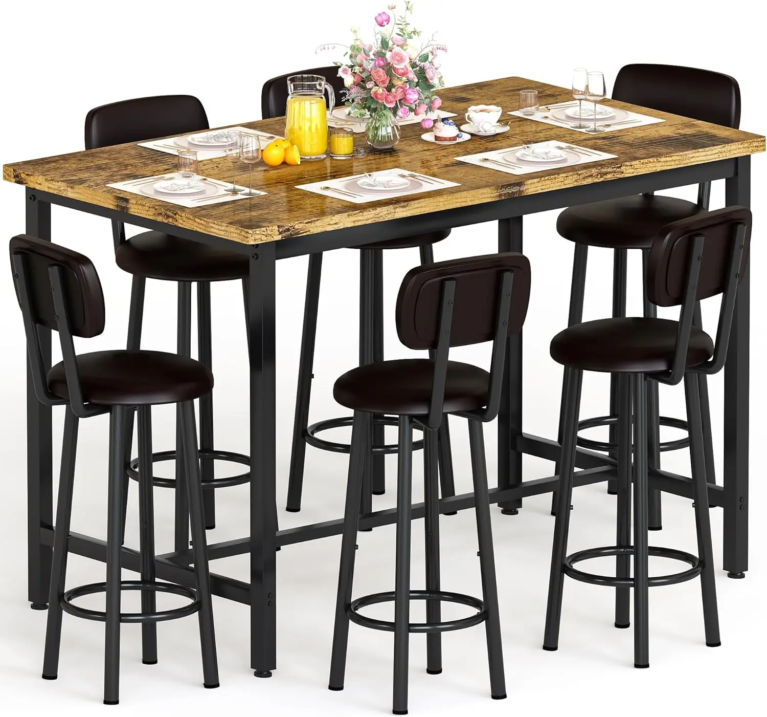 

50" Dining Table Set for 6,7-Piece Counter Height Bar Table Set with Upholstered Stools, Space-Saving, Breakfast Nook & Home Bar