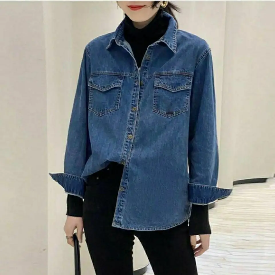 Denim Shirt Women Spring Autumn Single Breasted Tops Retro Long Sleeve Casual Fashion Shirt New