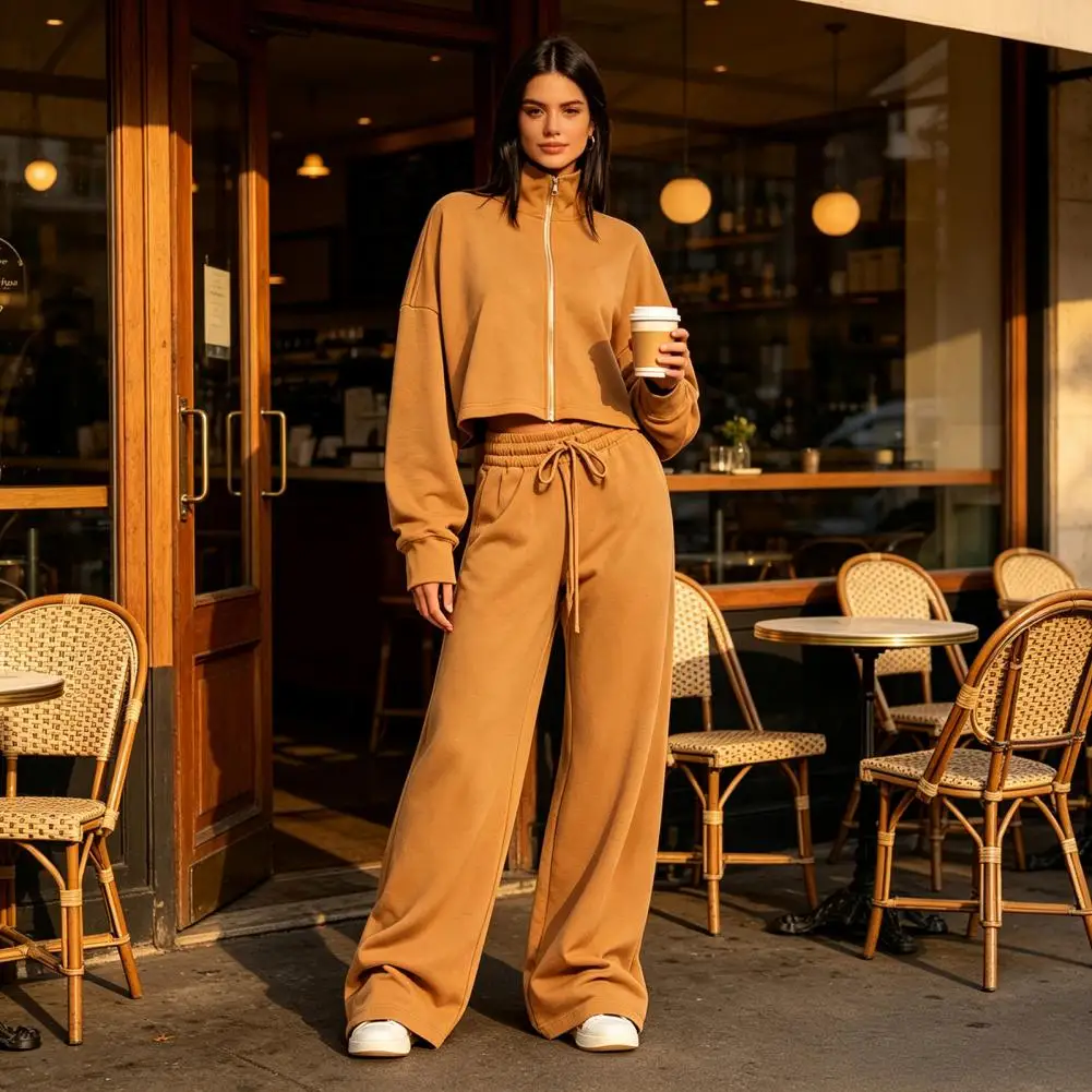 Women Lounge Sets Loose Fit Women Suit Women’s Fall Jacket Pants Set Stand Collar Zip-up Outerwear Drawstring Wide for Ladies