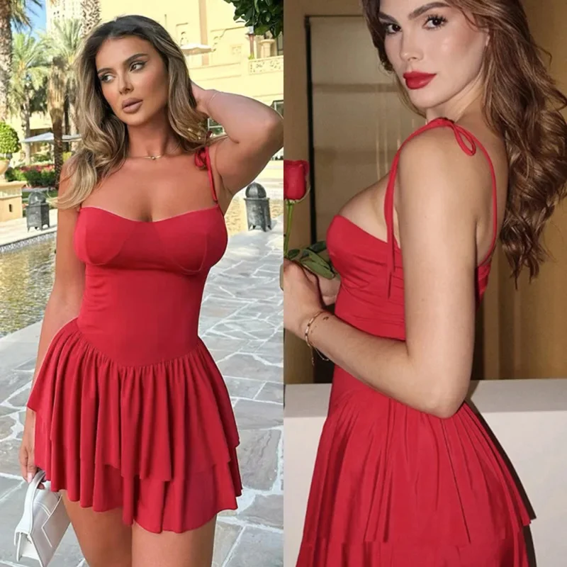 

Spring/Summer New Arrival Strap-Tied Double-Layered Skirted Dress Sexy Sleeveless Pleated Mini Skirt Elegant Trendy Women Dress