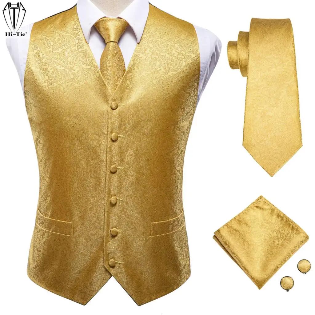 

Hi-Tie Jacquard Paisley Silk Gold Mens Vest Pocket Square Cufflinks Set Dress Suit Waistcoat Jacket Wedding Business S to 4XL