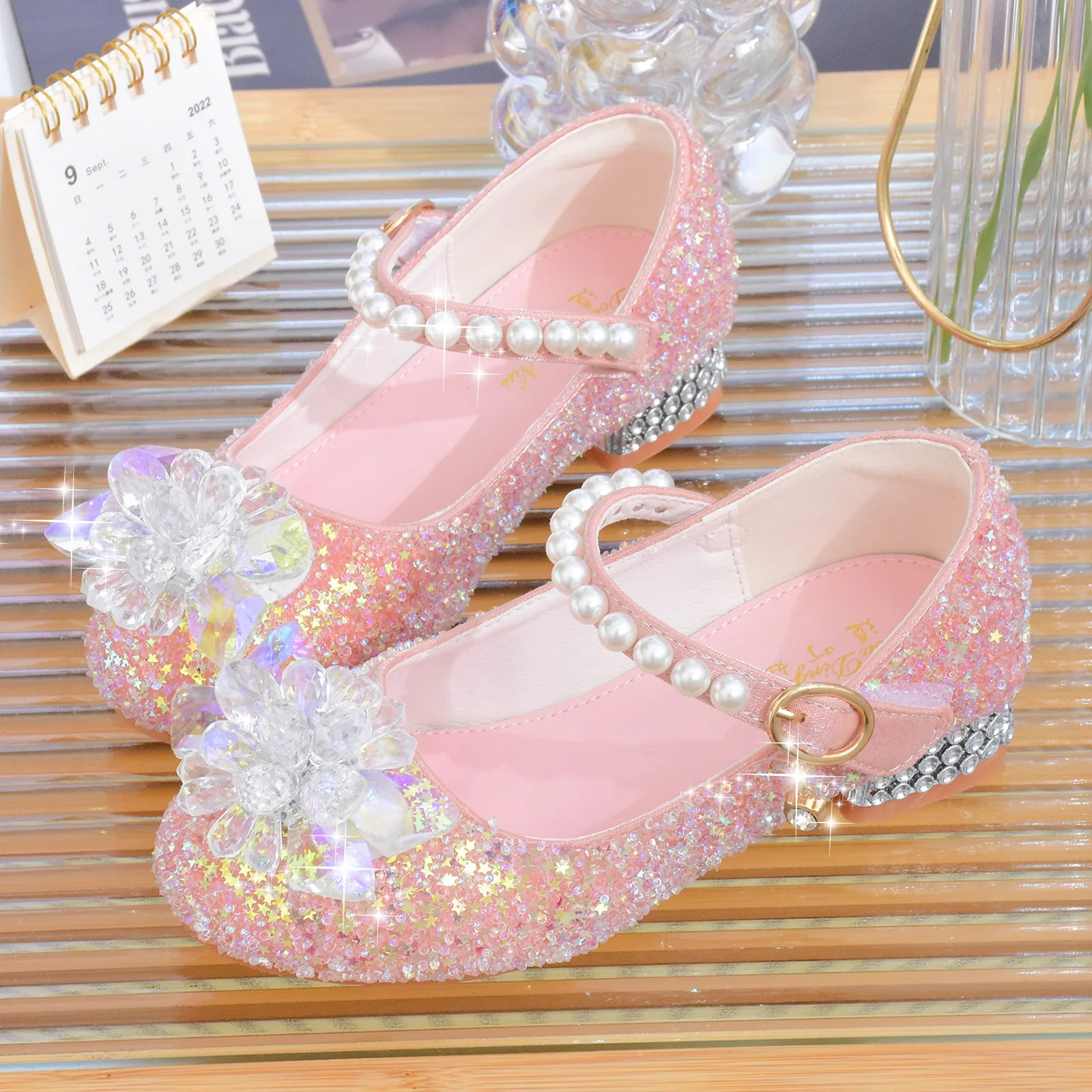 Salto alto feminino com cristal grande, Sapatos de couro infantil, Calçado de princesa, Festa de dança, Estudante, Performance, Casamento, Diamante grande