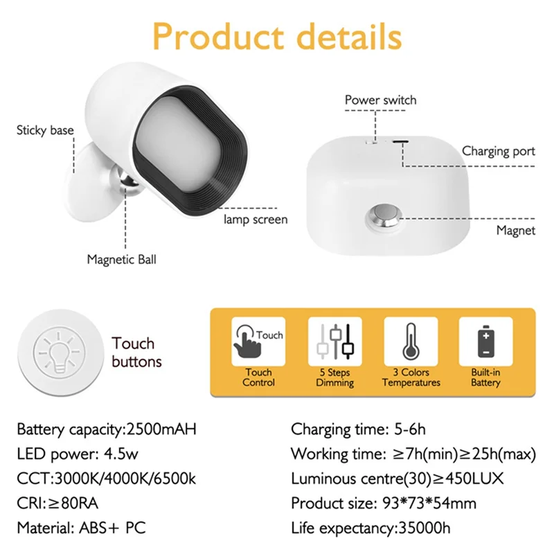 【Hot Cake】LED Wall Light Rechargeable 360° Rotatable Lamp 5 Brightness Levels RGB Night Light Touch And Remote-Control