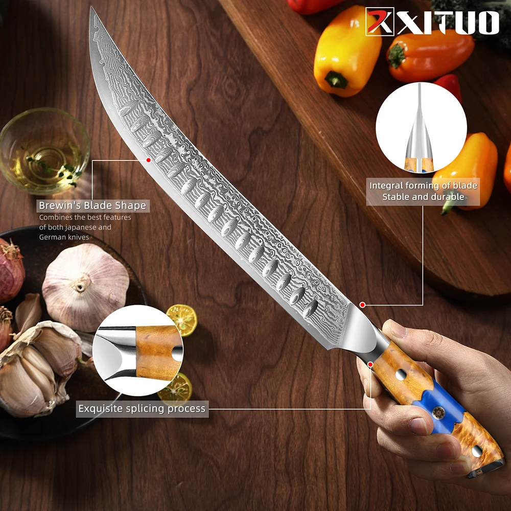 Damascus Steel Breaking Knife Butcher Knife Japanese VG10 Super Steel Full Tang & Razor Sharp Kitchen Knife for Meat hams