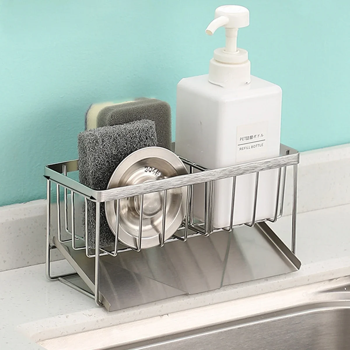 

Sink sponge Holder 304 stainless steel,Soap Dispenser Brush Drainer Rack Organizers with Removable Drain Tray for Kitchen