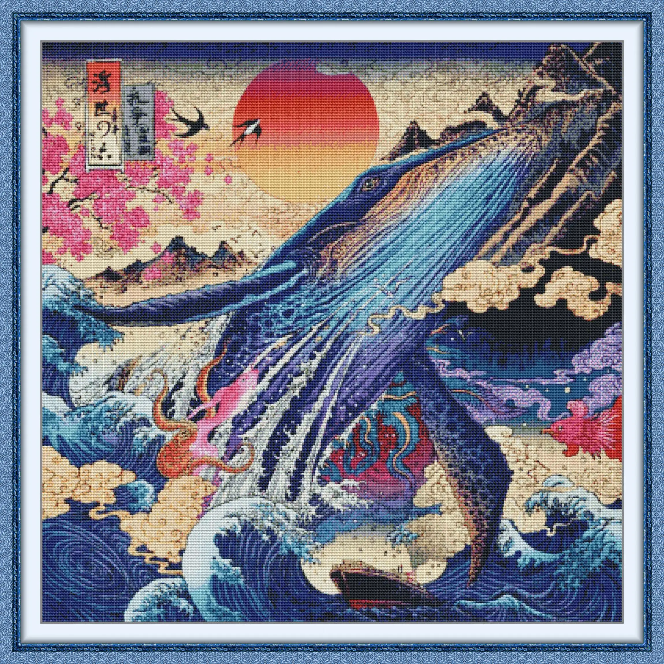 

Joy Sunday Pre-printed Cross Stitch Kit Easy Pattern Aida Stamped Fabric Embroidery Set-Sunset Shark Ukiyo-e