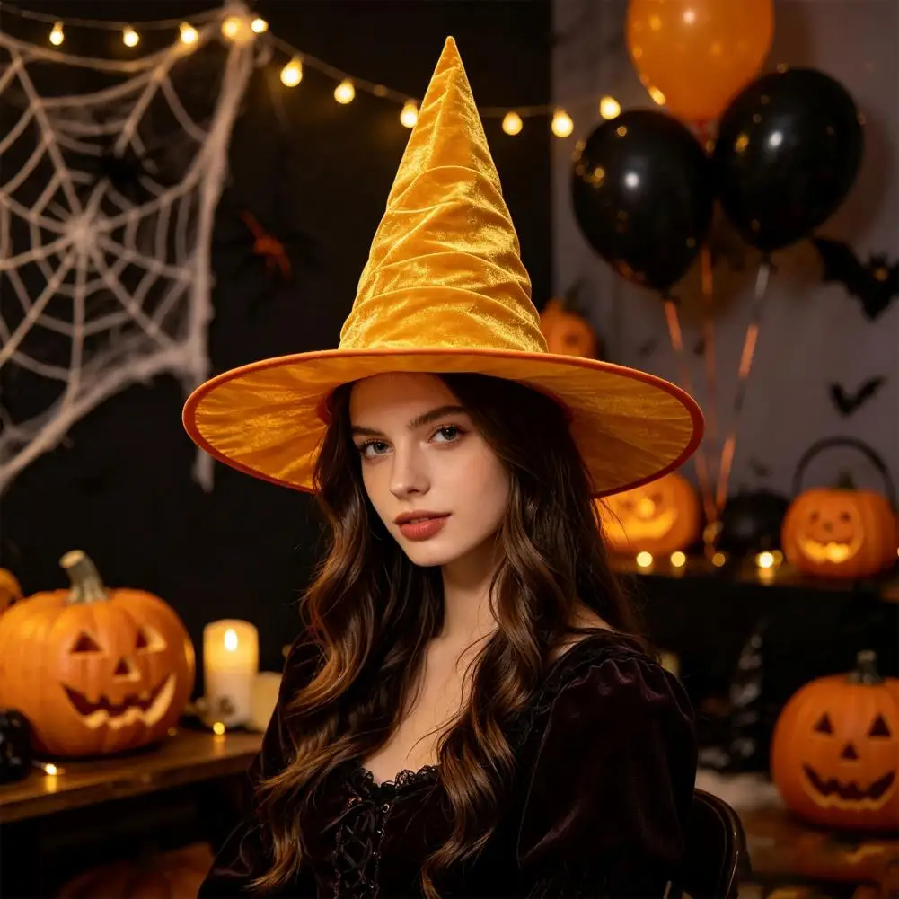 Velvet Witch Hat for Halloween Costume, Pointed Wizard Cap with Wide Brim, Dark Fantasy Festival Headwear 5