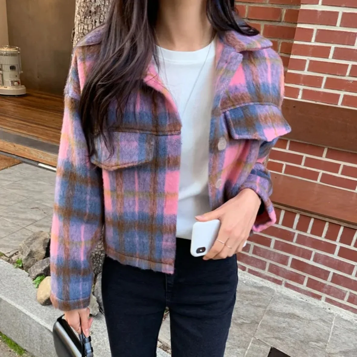 

Women's Thiened Woolen ort Coat Retro Mixed Color Plaid Collar Winter Faion Outerwear Versatile East Gate Sle