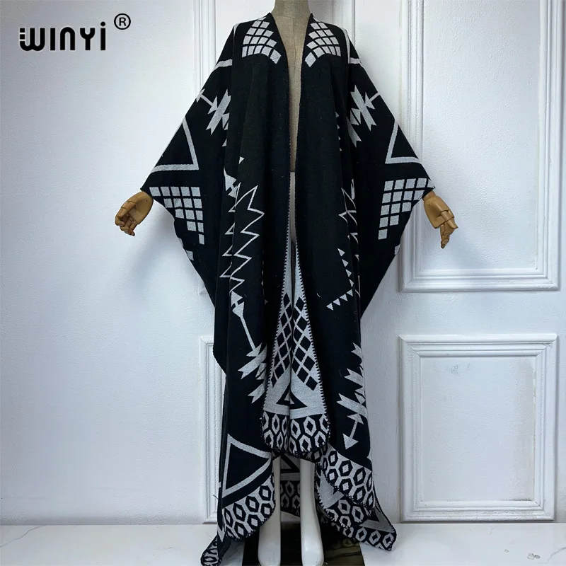 WINYI Winter African Geometric print cardigan dress abaya dubai luxury outfits for women coat Open Front Kimono long down poncho