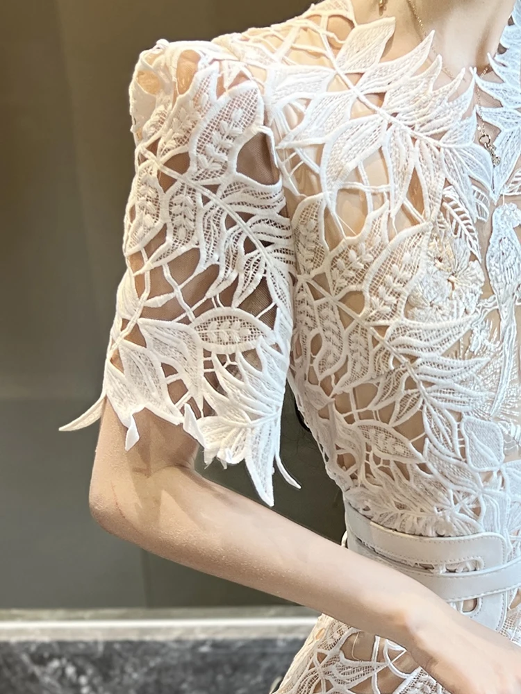 DEAT Elegant Dress Embroidery Crochet Lace Hollow Out Belt Waist Women\'s Evening Party Dresses 2024 Autumn New Fashion 35Z685