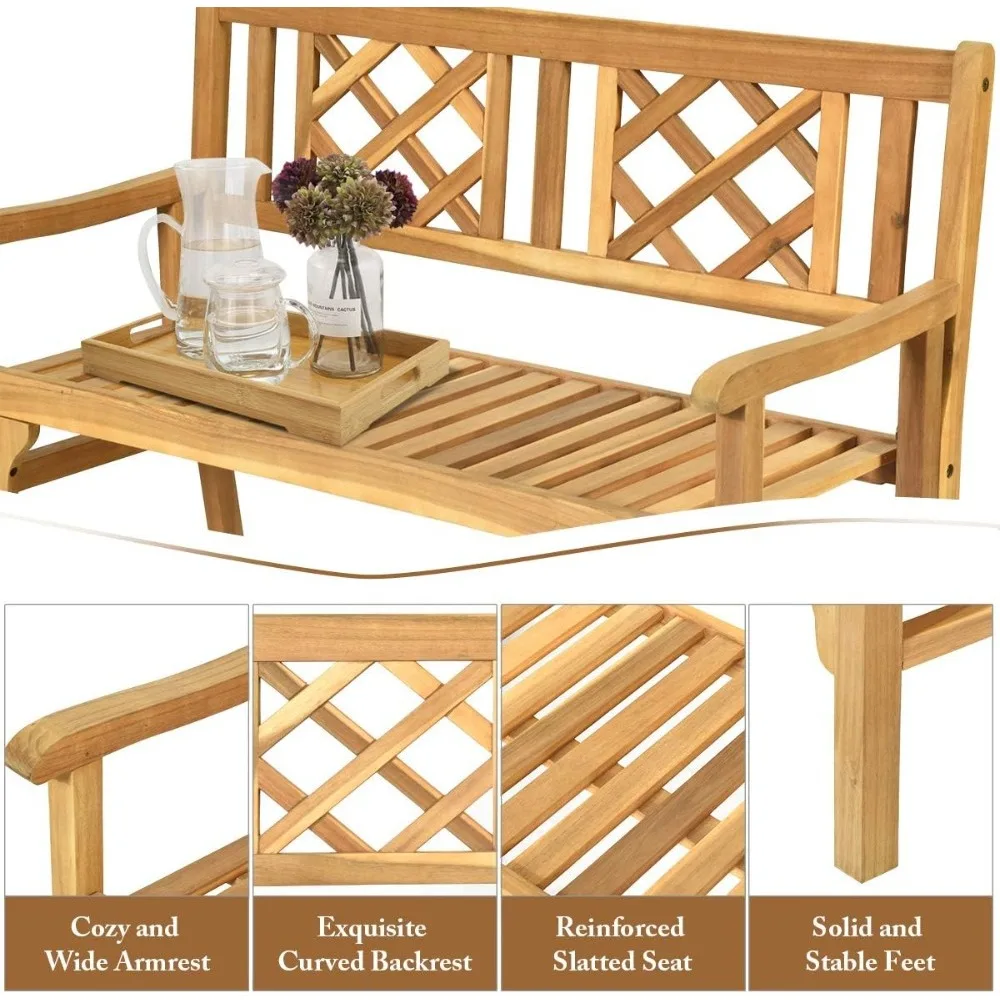 Dobrável Acacia Wood Garden Bench, Banco de madeira do pátio, Loveseat exterior com encosto curvo, Mobília da varanda, 4 ft