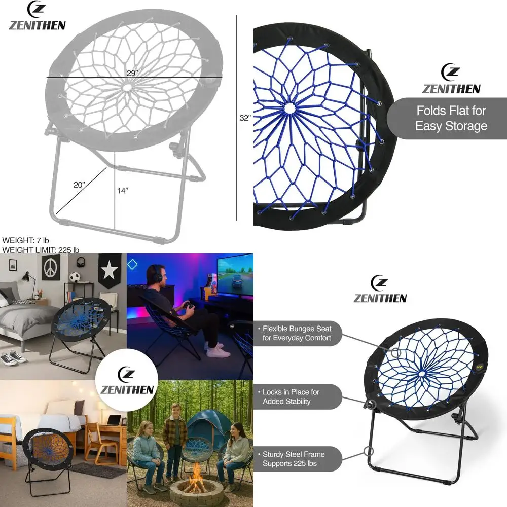 

Portable 29 Bunjo Bungee Chair in Indigo - Collapsible Seating for All Ages, Ideal for Dorms, Bedrooms, Camping, and Gaming (225