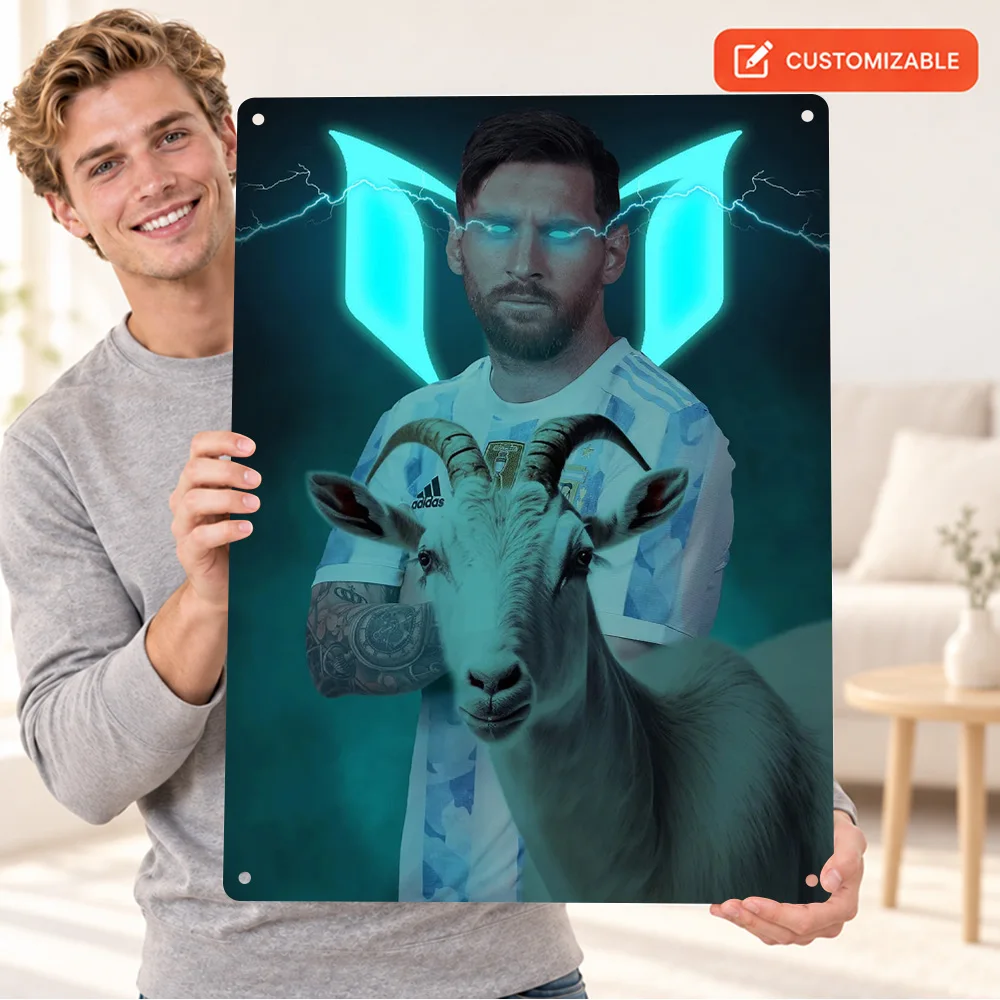 Lionel Messi With GOAT Shadow Football Printed Poster Customized Metal Sign Neon Graphic Wall Art For Home Gym Sports Lover Gift