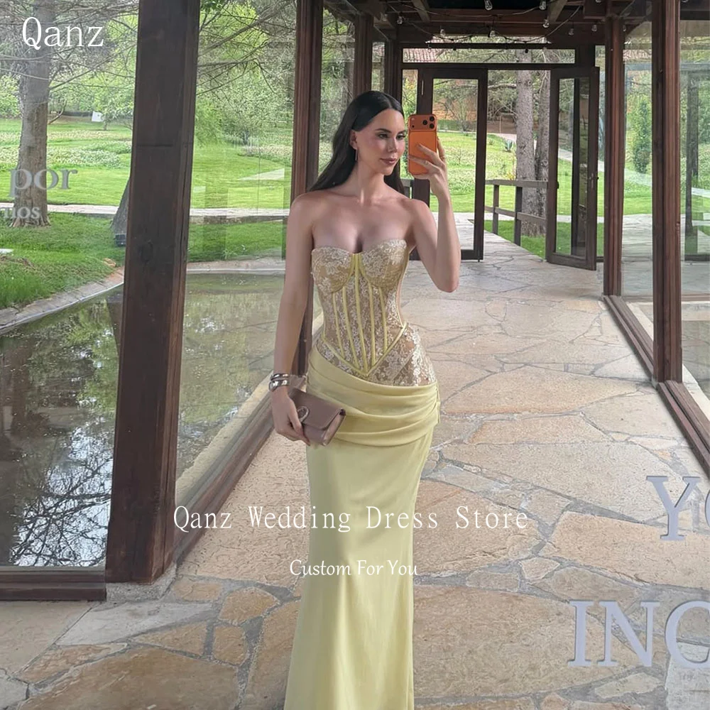 

Qanz Yellow Lace Appliques Evening Dresses Mermaid Sweertheart Women's Wedding Party Attire Backless Robes De Soirée Customized