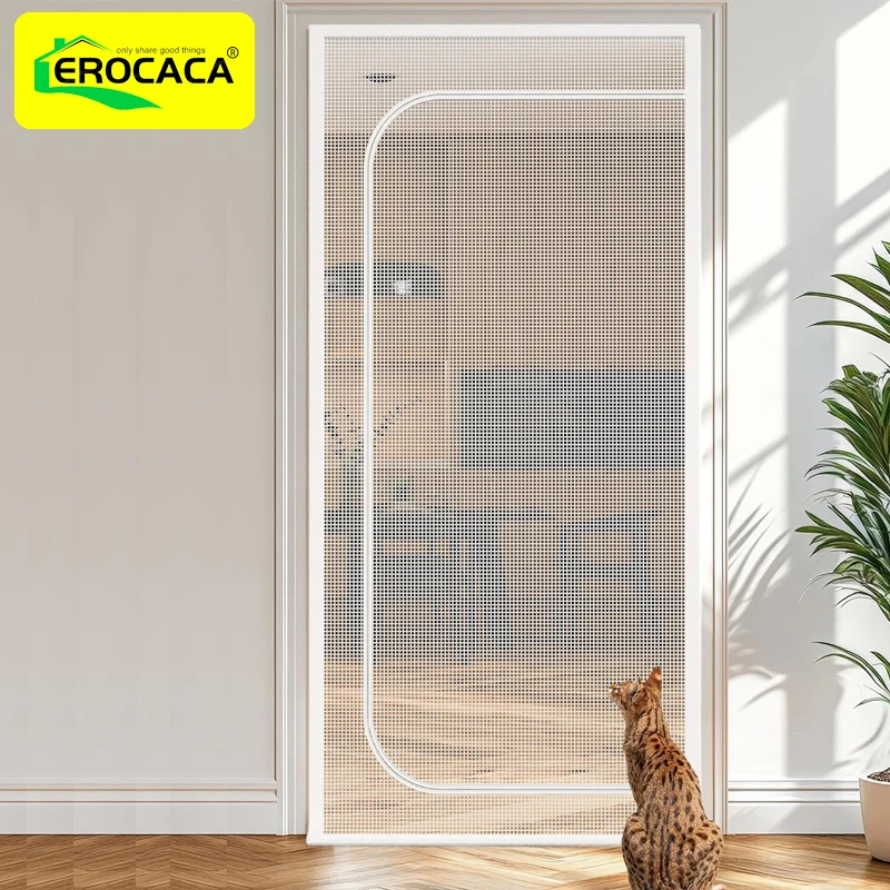 

EROCACA Zipper Reinforced Cat Fiberglass Door Screen Up & Left Opening Shape Curtain Anti-mosquito Mesh Screen for Living Room