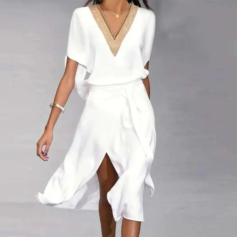 สุภาพสตรีแฟชั่นสีขาวเอวลูกไม้ขึ้นสบายๆหลวมแยก Midi ฤดูร้อน V คอ Splicing แขนสั้นผู้หญิงชุด