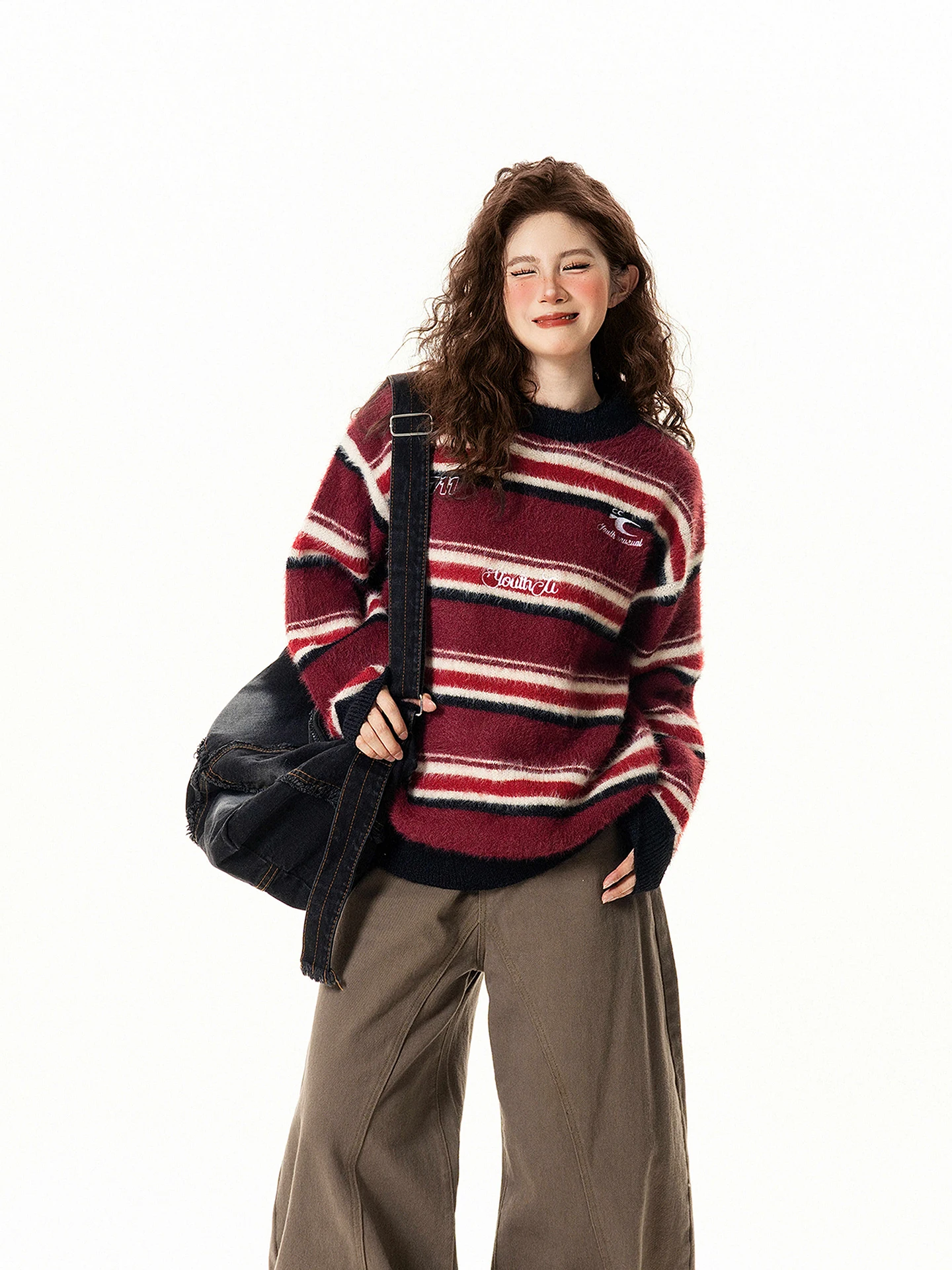 

Retro American round Ne Striped Sweater Men's Loose Lazy Match All Autumn Winter Knitted Outerwear Trendy Men's Knitwear