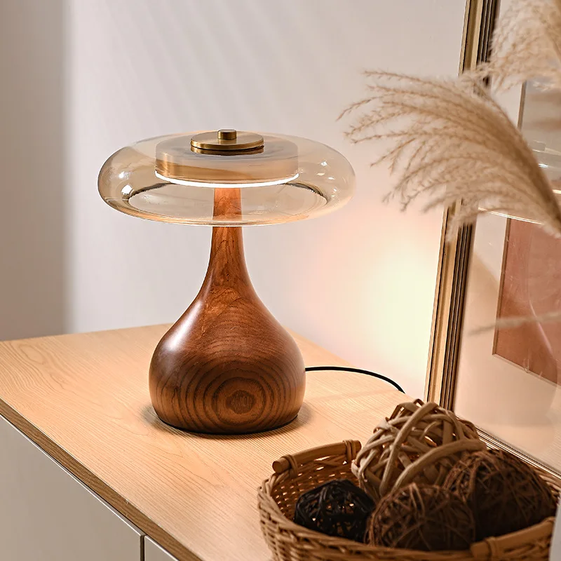 2024 New Style LED Luxury Copper Desktop Lamp Wood Glass Desk Lamp For Bedside Bedroom Home Art Decorative Mushroom Table Light