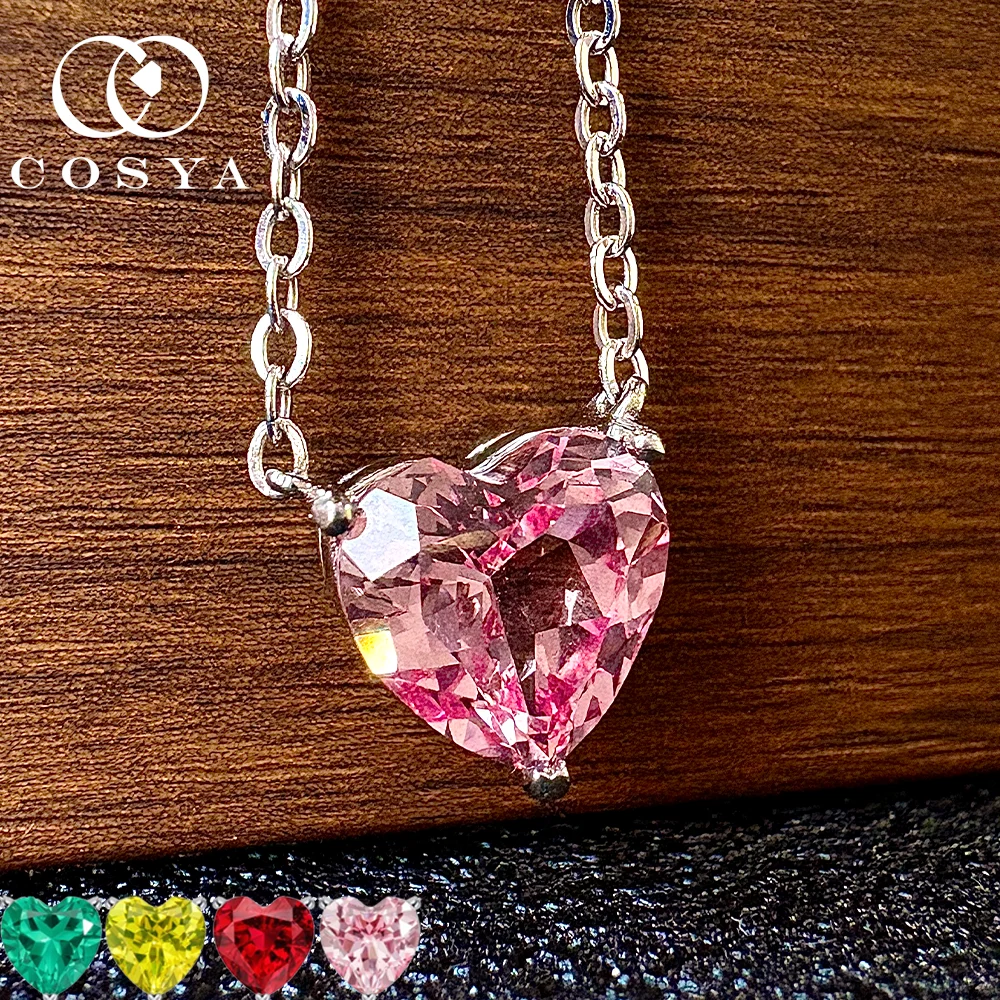

COSYA 2/4CT ожерелье в форме сердца, выращенное в лаборатории колумбийский изумруд/рубийское ожерелье из 100% серебра 925 пробы с муассанитом, ожерелье для женщин, вечерние ювелирные изделия