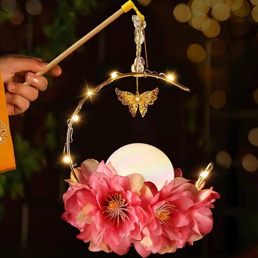 DIY lampiony materiał Mid-Autumn świąteczny lampion kwiat ze światłem LED świecące kwiaty lampiony świecące ręcznie