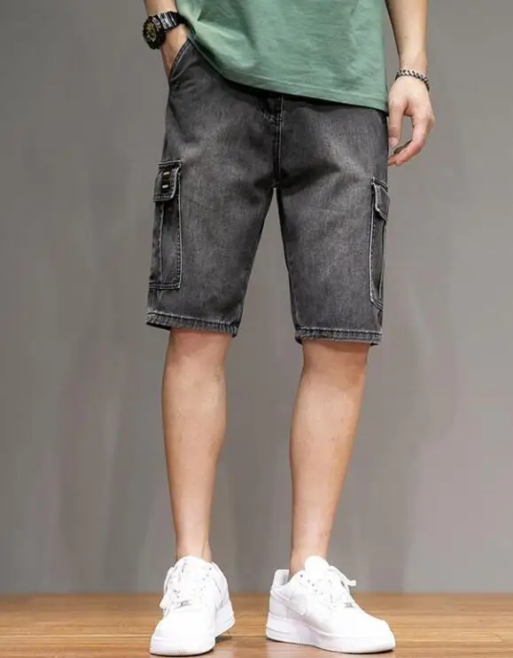 Men Jeans Summer Loose Male Wide Leg Knee Length Shorts Summer Multi Pocket  Washed Denim Shorts