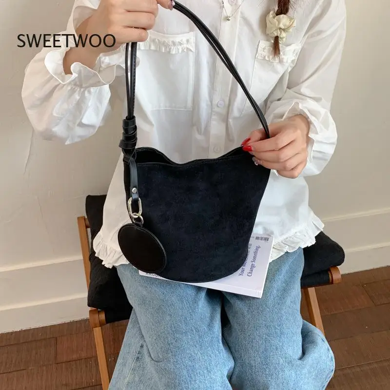 2026 Women Suede Bucket Bag Korean Style Soft Underarm Purse with Removable Charm