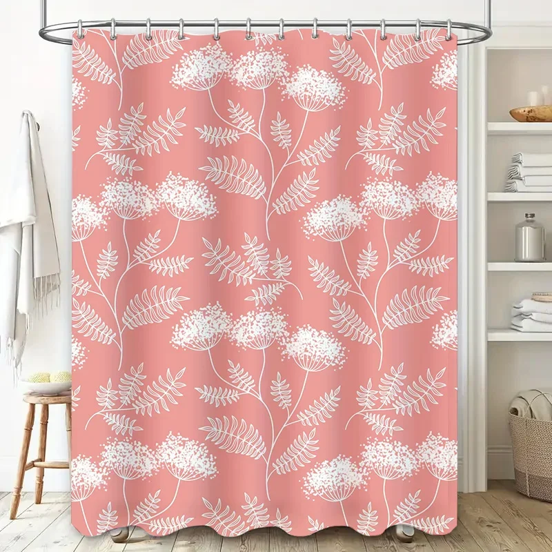 

White floral pattern shower curtain waterproof bathroom decor modern design fabric bath mat curtain pink color