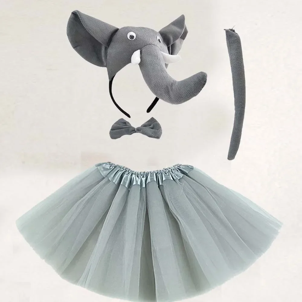 Ensemble de olympiques d'éléphant gris pour femmes, oreilles d'animaux, bande de sauna, pattes de queue, nœud, jupe tutu, robe de paupières, fête d'Halloween, cosplay de Noël