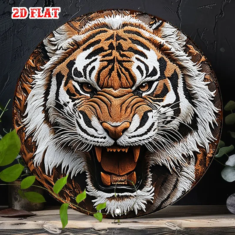 2D Flat, 2D Flat 1pc Tiger Round Aluminum Sign, Wild Round Wall Decor Fierce Rustic Metal Wall Art, Roaring 7.8X7.8Round Alumi