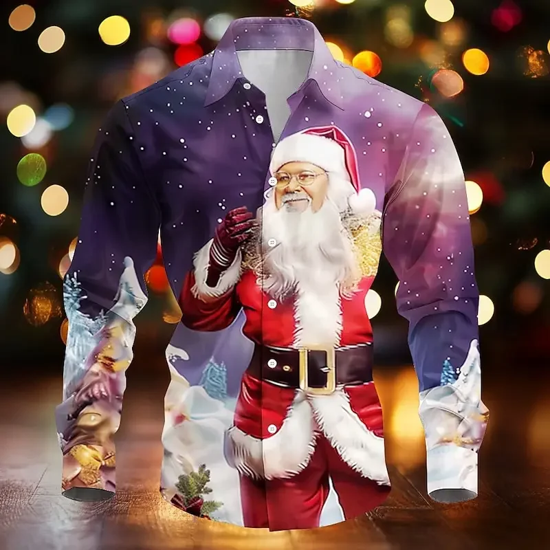 2025 Men's New Year Holiday Casual Christmas Shirt Party Santa Claus Pattern Soft Stretch Comfort Home Gift Set Men's Large Size