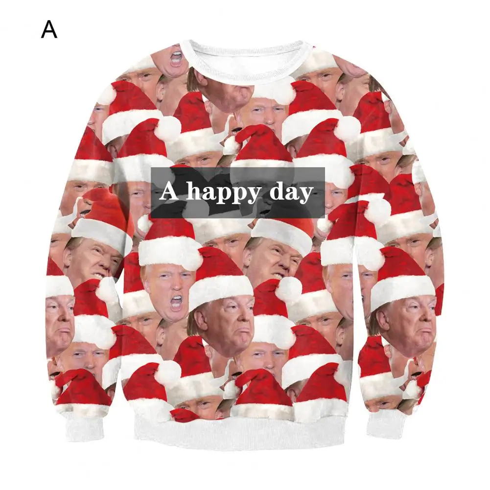 

Round Neck Sweatshirt 2024 Trump Santa Hat Sweatshirt Proud Supporter Winter Party Top with Face Expression Thick Warm Long