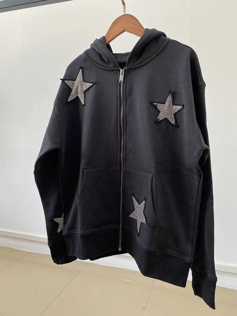 Women's Autumn 2025 Star Hot Diamond Dark Grey Pure Cotton Warm Zipper Hoodie
