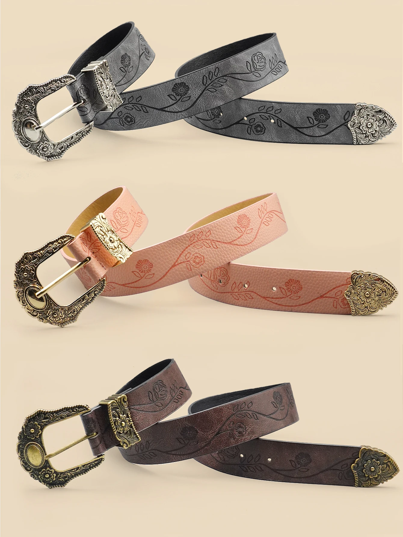 Western Style Printed Solid Color Pu Belt Buckle, Retro Casual Women\'s Belt, Classic Jeans Decorative Belt