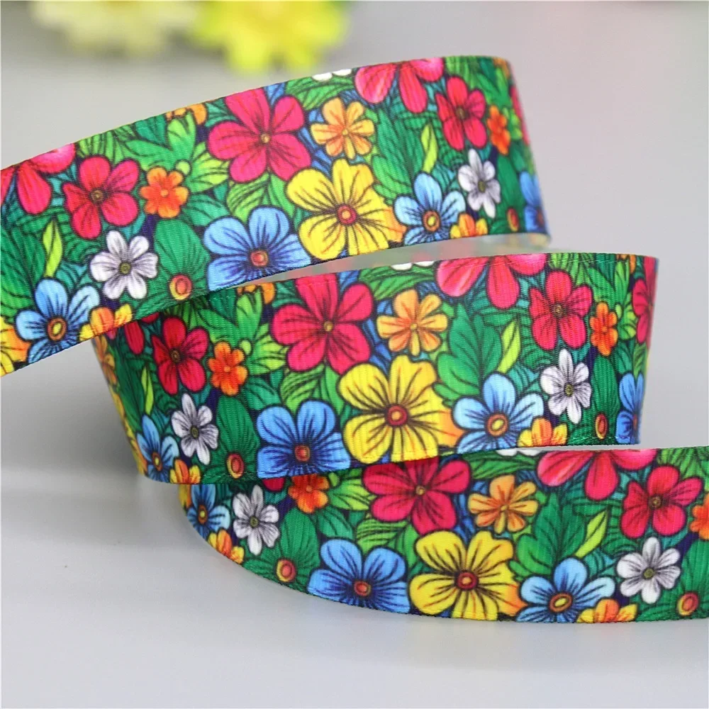 DHK 7/8\'\' 5yards Floral Flower Printed Grosgrain Ribbon Accessories Headwear Decoration Collar DIY Sewing Craft E2153