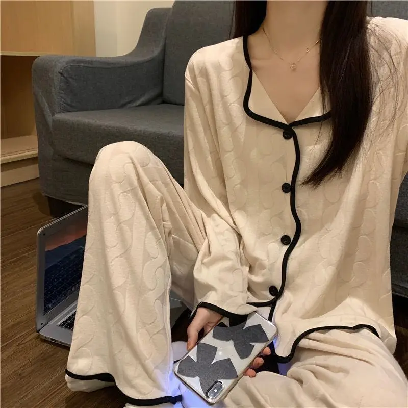 Sleepwear Women Spring Autumn Kawaii Clothing Pajamas Set Long Sleeve Long Pants Thin Lapel Student High-end Loungewear Suit