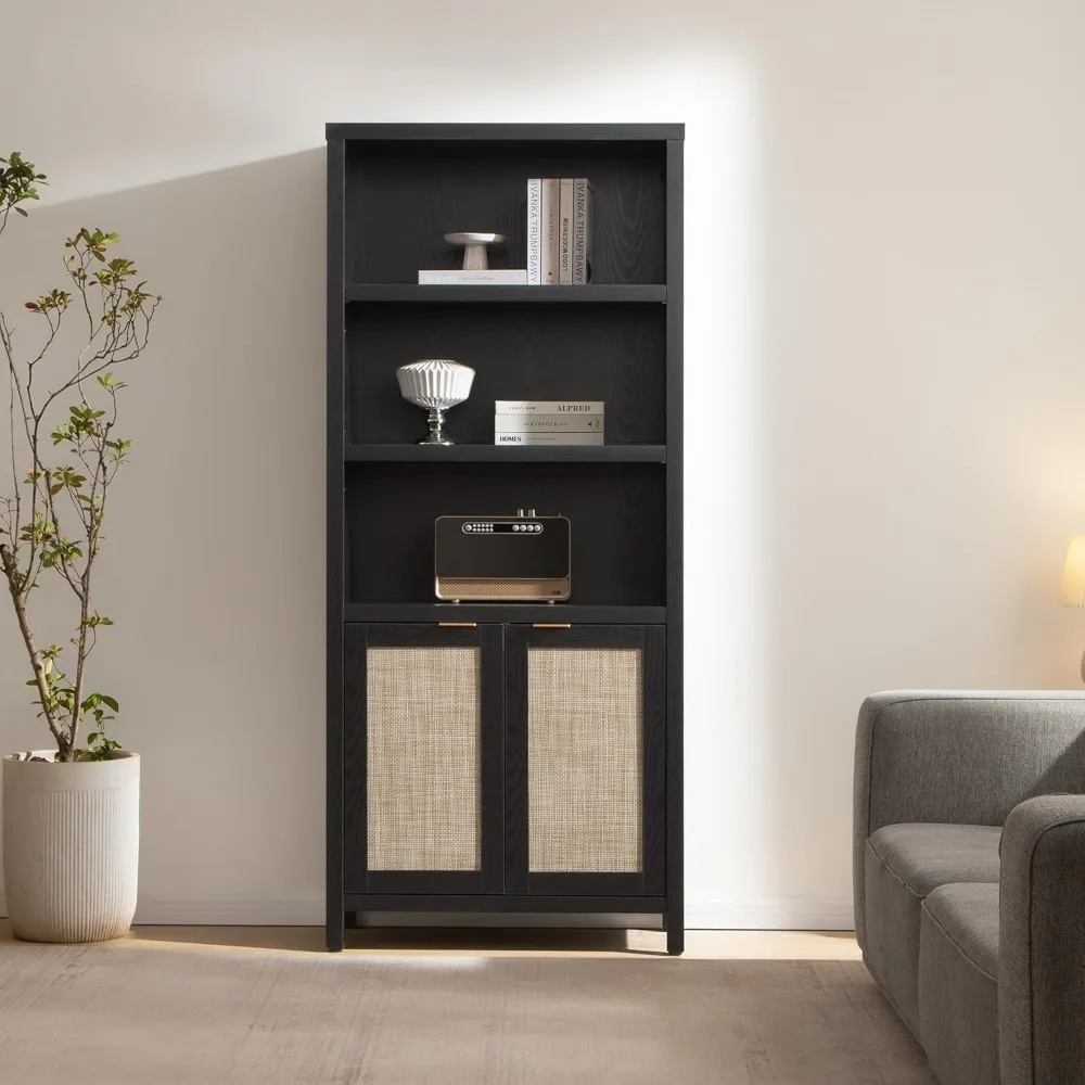 خزانة كتب بطول 71 بوصة رف كتب بطول 5 طبقات من الروطان بوهو مع أبواب تخزين حافظة كتب كبيرة رف أرفف كتب المزرعة