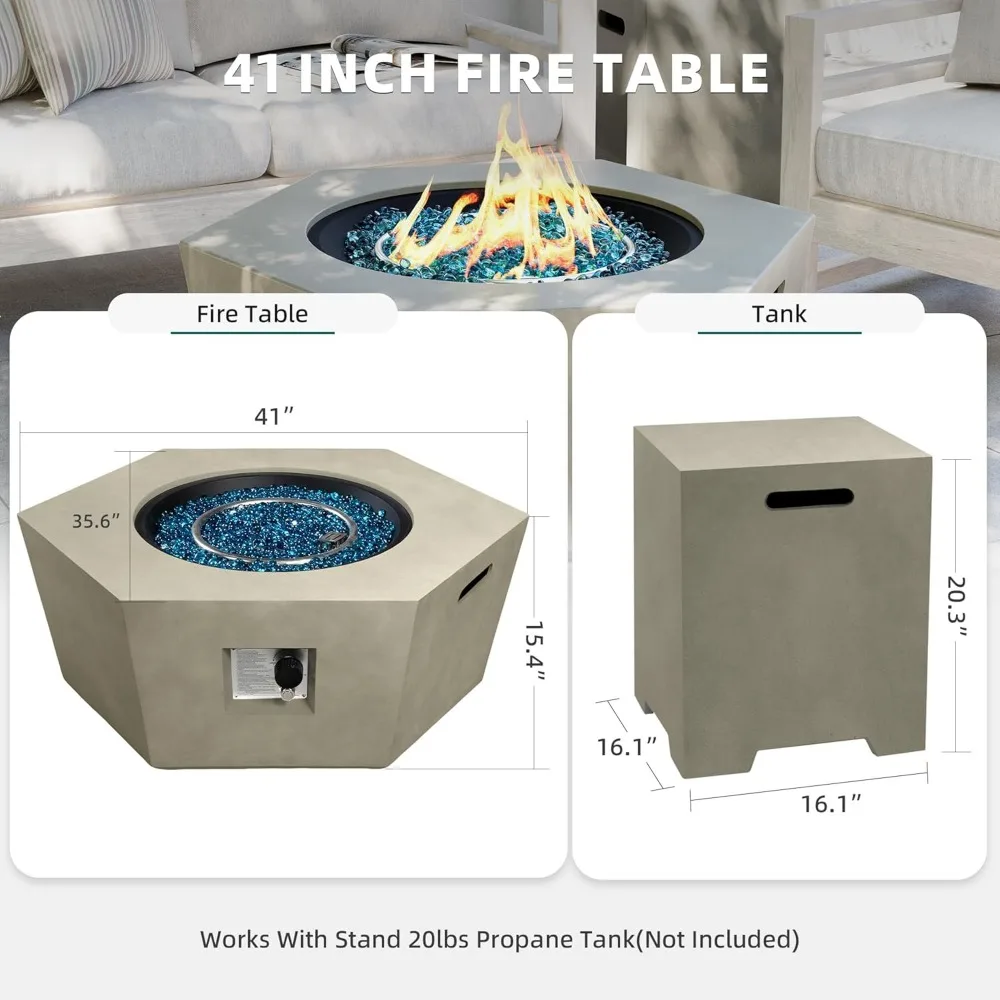 41-inch Outdoor Propane Gas Fire Pit Table, for Outside Patio with Tank Cover,Blue Fire Glass,50000 BTU Hexagon Concrete Firepit