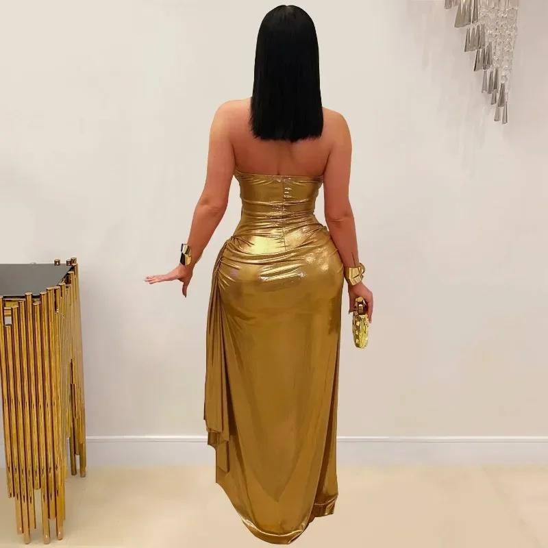 Sexy Gold Metallic Wedding Guest Dress Women Evening Night Club Party Halter V-neck Backless Ruched Hollow Out Prom Dress Robe - Image 2