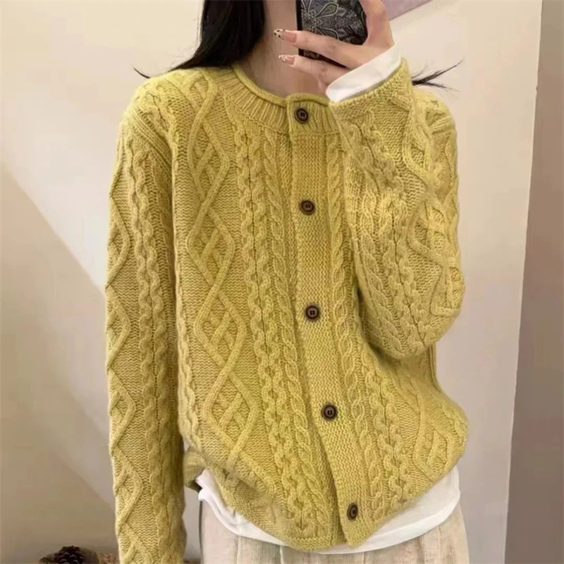 

ATTYYWS 100% pure wool cardigan women 2025 new autumn winter round neck knitting sweater loose Fried Dough Twists coat top