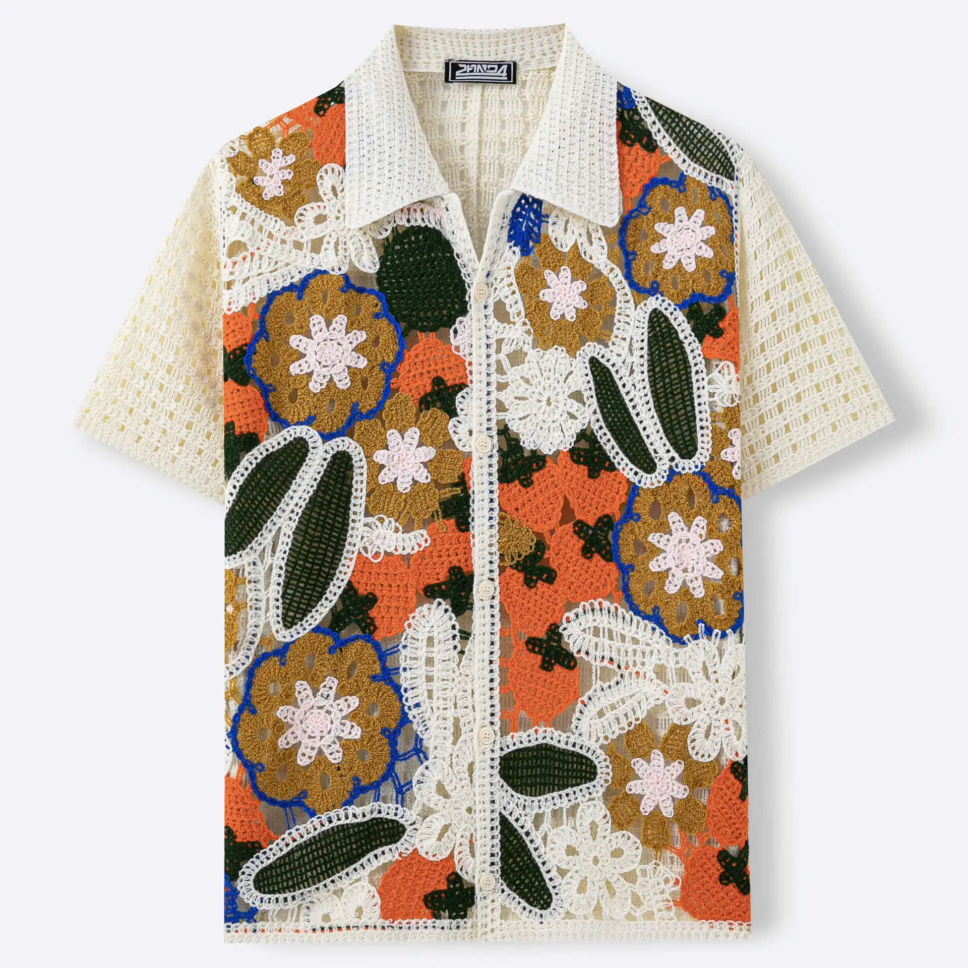 2026 men's handmade crochet hollow short-sleeved knitted cardigan ethnic style jacquard casual POLO shirt