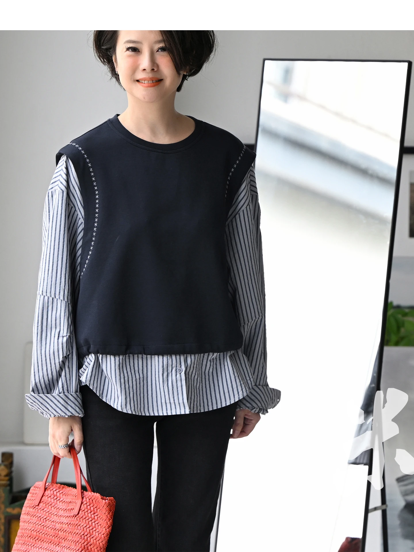 

Casual Stripe Patchwork Long Sleeve round Neck Loose Women's Shirt Fake Two-Piece Spring 2026 Artistic Style Cotton Polyester...